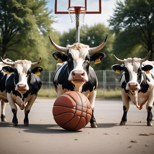 Prompt: A few angry cows playing basketball stareing at the camera