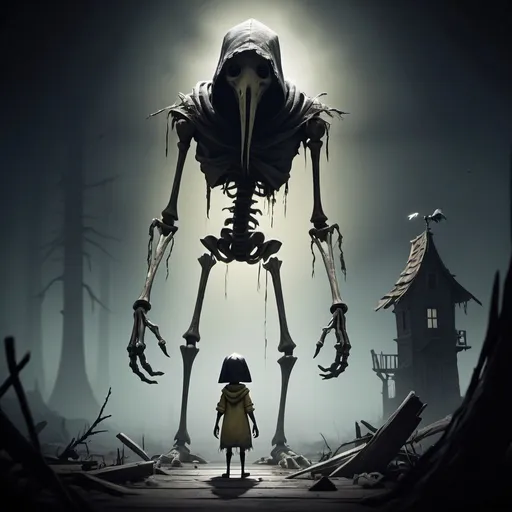 Prompt: 
In Little Nightmares 2 style, imagine a towering, grotesque humanoid figure with a disgusting looking mask. Tattered remnants of clothing cling to its skeletal frame, hinting at a forgotten past. The creature looms ominously over a desolate landscape, casting a shadow that seems to swallow all light. Sinister whispers and creaking feathers accompany its every movement, filling the air with dread, A small child and a girl small child is staring from a distance.
