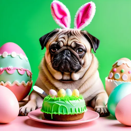 Prompt: a fatty pug eating Easter cakes, Puffy Paint, HD, Happy, Easter eggs on background, green and pink tones