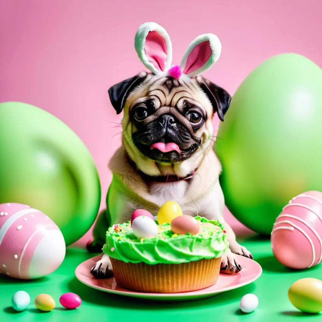 Prompt: a pug eating Easter cakes, Puffy Paint, HD, Happy, Easter eggs on background, green and pink tones