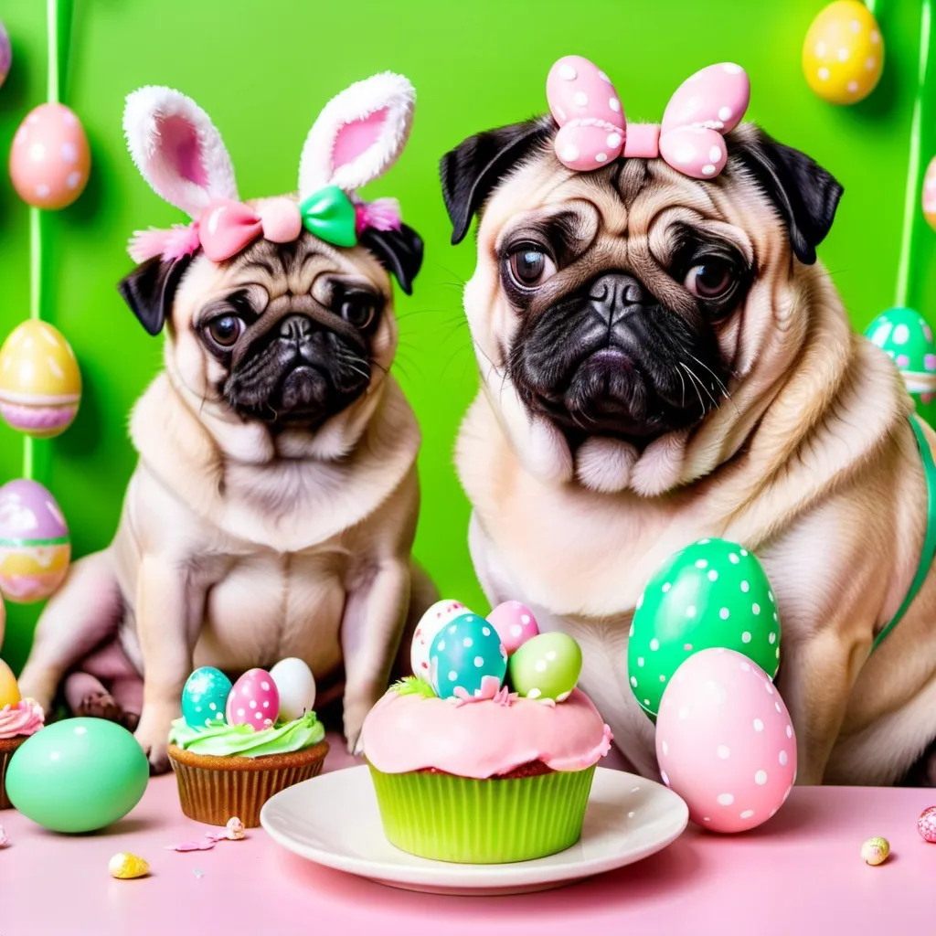 Prompt: a fatty mother pug and a daughter pug eating Easter cakes, Puffy Paint, HD, Happy, Easter eggs on background, green and pink tones