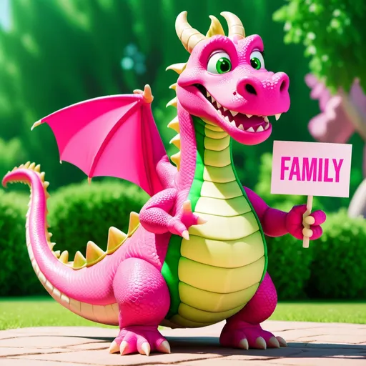 Prompt: A pink fatty smiling dragon with green eyes holding a sign with the pink text "Family" in right hand and waving left hand, Full-HD, Excited, summer on background