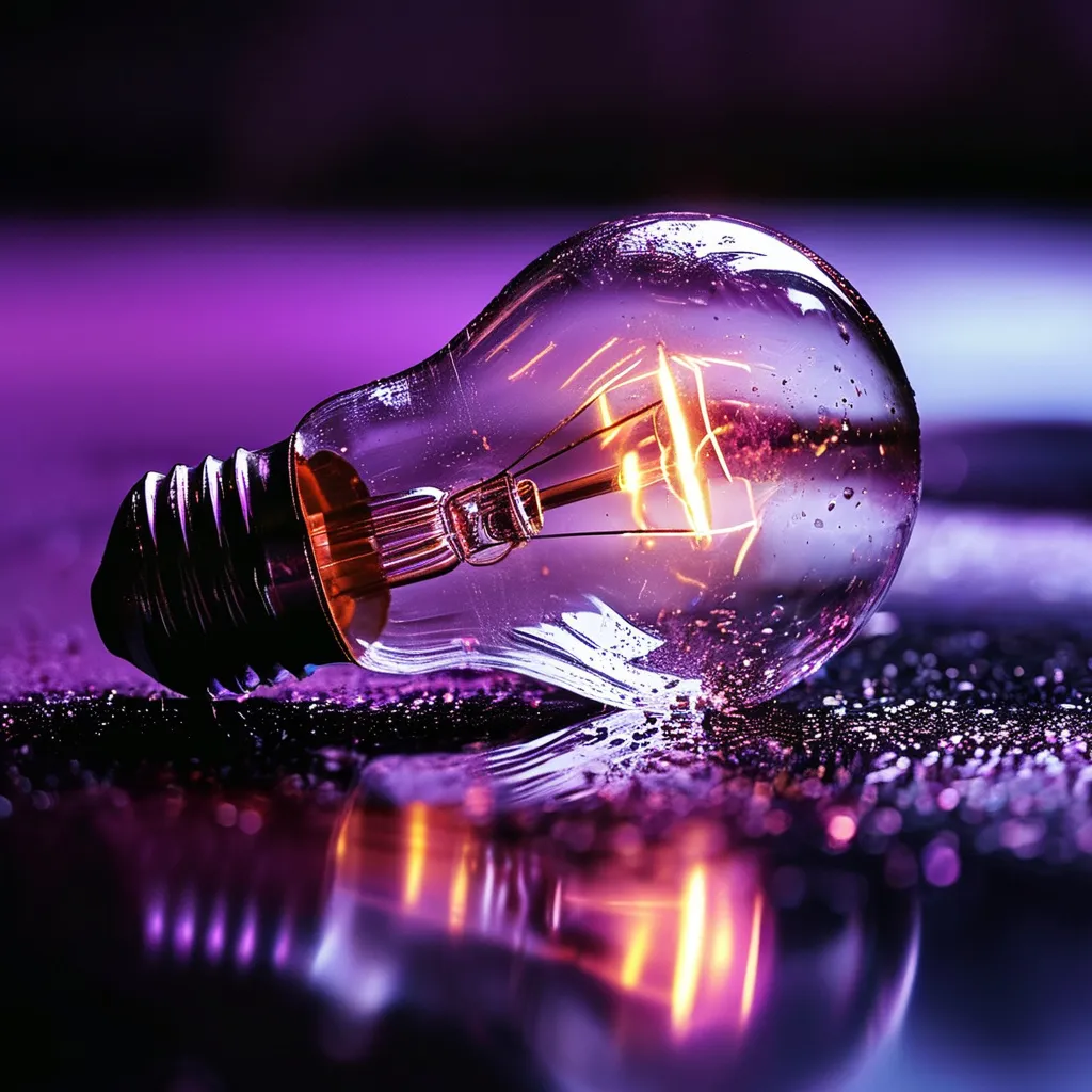 Prompt: a light-bulb laying on a glossy surface, dark enviroment, purple, tones, closeup