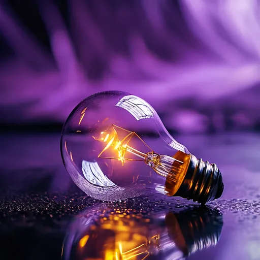 Prompt: a light-bulb laying on a glossy surface, dark enviroment, purple, tones, closeup