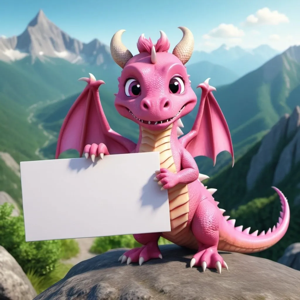 Prompt: A pink little dragon holding an empty sign, summer mountains on background, realistic, 4K