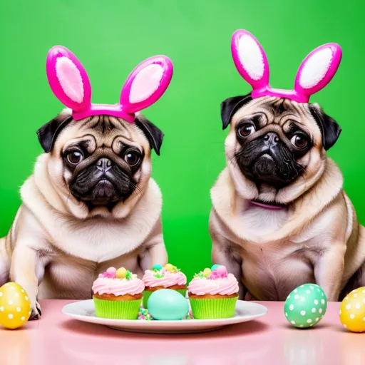 Prompt: a fatty mother pug and a daughter pug eating Easter cakes, Puffy Paint, HD, Happy, Easter eggs on background, green and pink tones