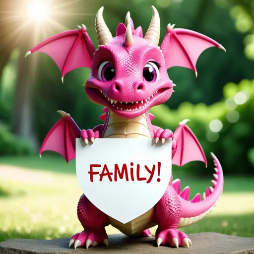 Prompt: A pink little dragon holding sign with text "Family", Color Grading, Full-HD, summer on background