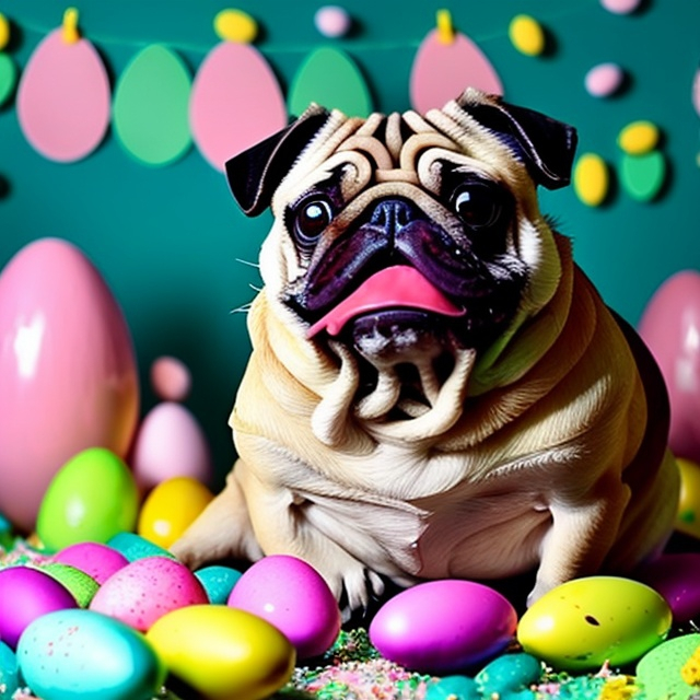 Prompt: a fatty pug eating Easter cakes, Puffy Paint, HD, Happy, Easter eggs on background, green and pink tones