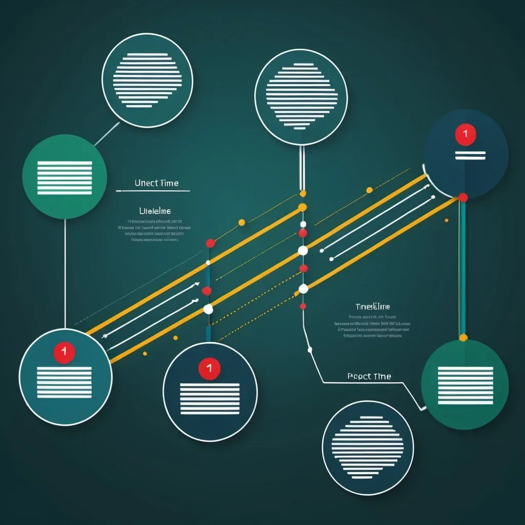 Prompt: a project timeline where multiple straight  blue green yellow red lines and dots merge into other lines