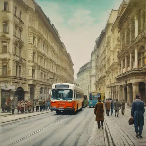 Prompt: a painting of a street scene with people walking and a bus on the road in the distance, and a bus on the street, Edi Rama, viennese actionism, colorized, a colorized photo