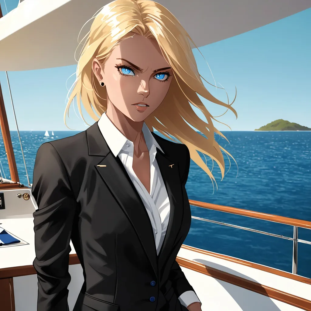 Prompt: An athletic female in an island setting wearing black linen business executive outfit, blonde hair, aggressive blue eyes, sun-kissed skin, yacht 