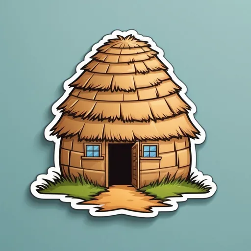 Prompt: A die cut sticker with a border. A Cartoon haystack with a door and windows
