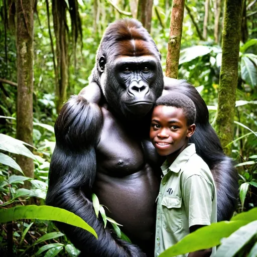 Prompt: a picure in the jungle with a a black 15 year old next to a western gorilla

