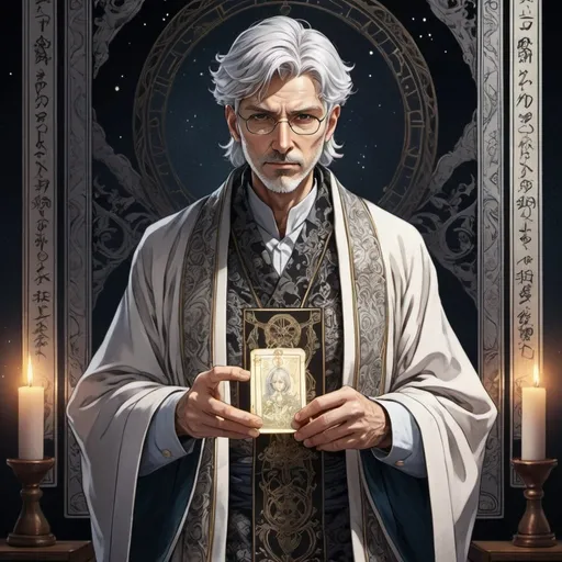 Prompt: tarot card Anime illustration, a silver-haired man physician, detailed ornate cloth robe, dramatic lighting