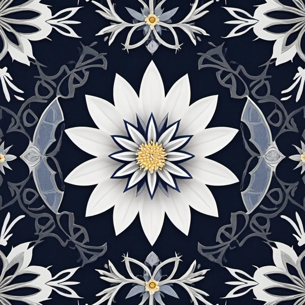 Prompt: create an image of an edelweiss which is modern, sleek and professional using the colors #003066, #f6f7ea, and #e4b300. the style should echo arabic architecture style
