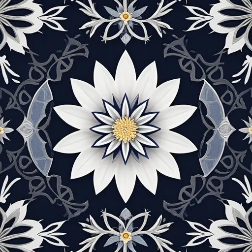 Prompt: create an image of an edelweiss which is modern, sleek and professional using the colors #003066, #f6f7ea, and #e4b300. the style should echo arabic architecture style
