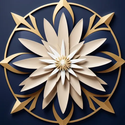 Prompt: (edelweiss flower), modern and sleek real estate advertisement, (Arabic architectural style), balanced composition, cool color scheme, contrasting shades of deep navy blue, soft pale beige, and striking gold accents, clean lines, high quality, ultra-detailed, inviting ambiance, professional and sophisticated design, vibrant visuals conveying elegance and charm. the image should be abstract using the colors #003066, #f6f7ea, and #e4b300. i want the flower drawn using the islamic architecture style 