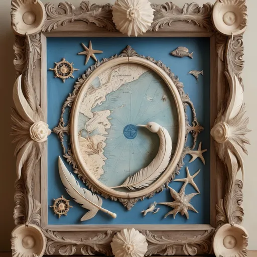 Prompt: A highly detailed, carved wooden picture frame, featuring an ornate design, enshrines an antique-style ocean map with faded blue and beige hues interspersed with vibrant accents. The delicate artwork showcases a magnificent sea creature painted on a bird feather with intricate detail, capturing the essence of nature. The overall ambiance is artistic and nostalgic, invoking a sense of exploration and wonder. Highly detailed, stunning craftsmanship, ultra-detailed, vibrant colors, 4K.