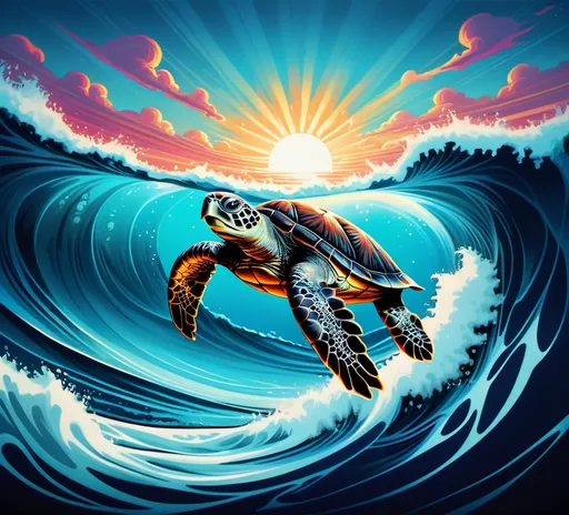 Prompt: a turtle swimming over a wave in the ocean with a blue sky background and white waves in the background, Dan Mumford, psychedelic art, ocean, an airbrush painting