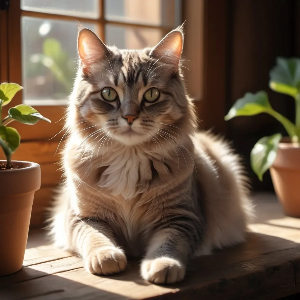 Prompt: (Cute cat) sitting on a rustic table, gentle sunlight streaming through a window, creating a warm and inviting atmosphere, detailed fur texture, expressive eyes, soft shadows, cozy home background with potted plants, (ultra-detailed), (charming), emphasizing tranquility and contentment, dynamic interplay of light and shadow, perfect for a serene, domestic scene, 4K resolution.