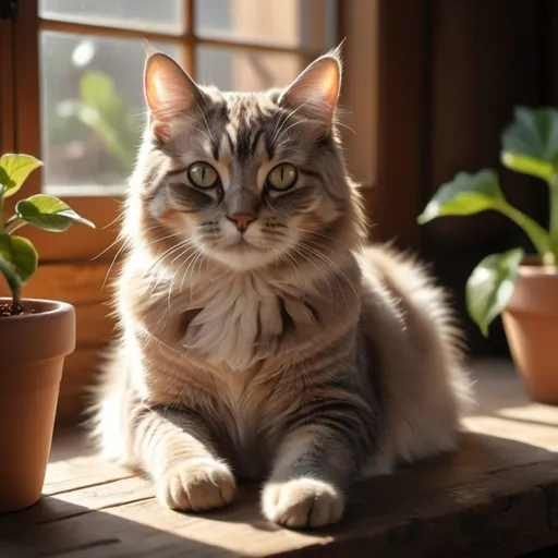 Prompt: (Cute cat) sitting on a rustic table, gentle sunlight streaming through a window, creating a warm and inviting atmosphere, detailed fur texture, expressive eyes, soft shadows, cozy home background with potted plants, (ultra-detailed), (charming), emphasizing tranquility and contentment, dynamic interplay of light and shadow, perfect for a serene, domestic scene, 4K resolution.