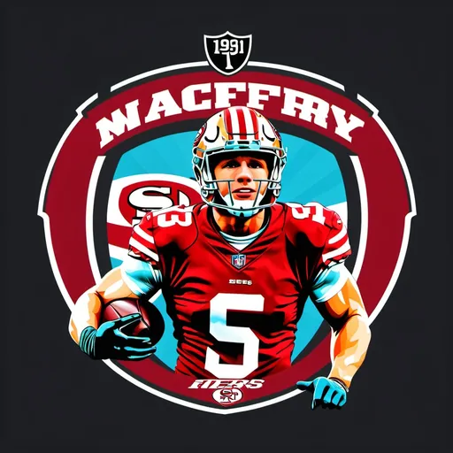 Prompt: (Christian McCaffrey Fantasy Football Logo 49ers), bold design, dynamic typography, vibrant colors, football elements infused, sleek and modern aesthetics, eye-catching composition, energetic atmosphere, digital art style, professional and appealing, high contrast details, graphic design masterpiece, sports-themed emblem, high-resolution for impeccable clarity.