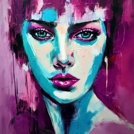 Prompt: Acrylic portrait of a woman, intense dreamy gaze,  vibrant and contrasting colors: magenta, turqouise, emotional brush strokes, intense and contrasting, abstract, emotional, high quality, expressionism emotional brush strokes, abstract,  artistic, emotional