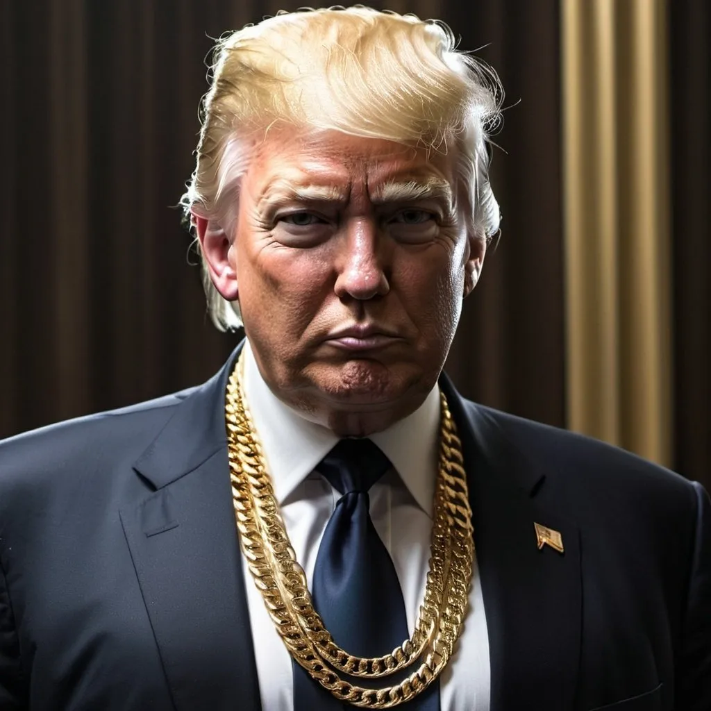 Prompt: Donald Trump with a gangster outfit and gold chains, no hat