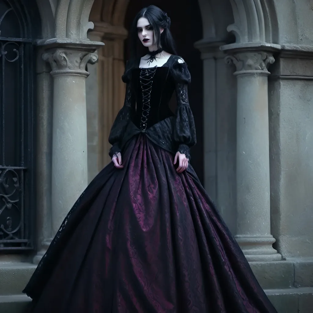 Prompt: A gothic vampire woman with black hair, pale face and a Renaissance style dress 