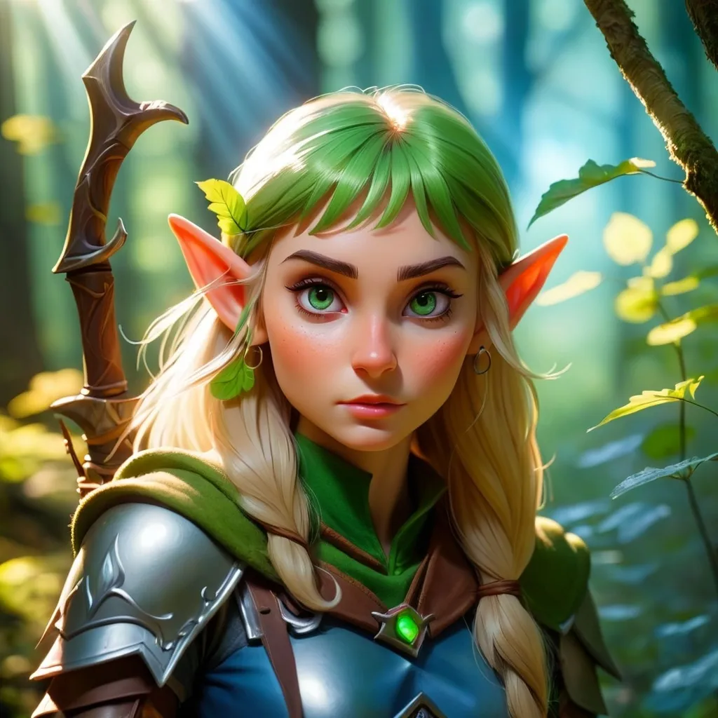 Prompt: Elf ranger in a mystical forest around sunlight