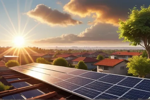 Prompt: rising sun over neighborhood solar panels and a pot of shining gold in a ray of light