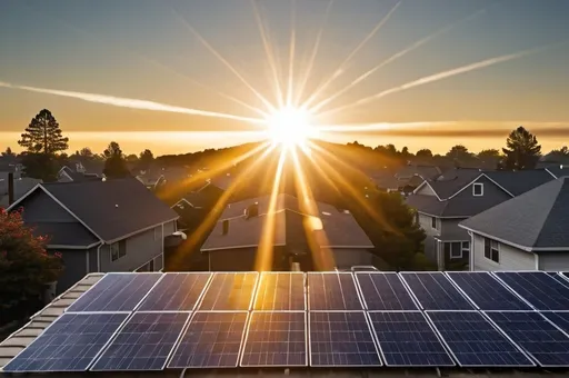 Prompt: rising sun over neighborhood solar panels and a pot of shining gold in a ray of light