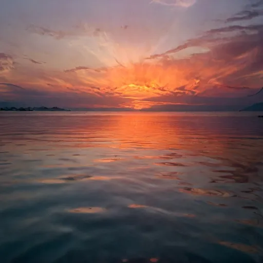 Prompt: please create an image with a sky at sunset meeting still reflective ocean water, just water and sky.
                                                                                                                     																		