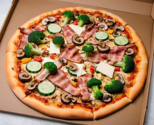 Prompt: a pizza with broccoli, bell peppers, cucumber, one piece of bacon, some cheese and a lot of stacked mushrooms. this creation may be called "heikos pizza"