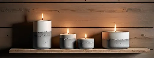 Prompt: photorealistic, (concrete candle jars) elegantly arranged on rustic wooden shelves, serves as a striking background, warm and inviting ambiance, soft lighting casting gentle shadows, highlights texture and detail, (urban chic) aesthetic, suitable for Facebook cover profile picture, ultra-detailed, visually appealing composition, harmonious blend of industrial and cozy elements. 