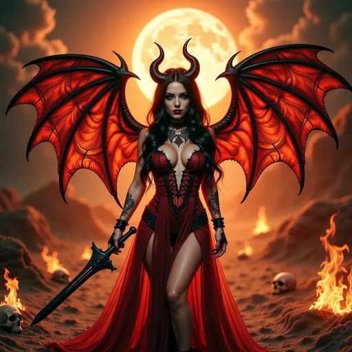 Prompt: A stunning hellish angel,  ((she has an evil grin on her face)), her wings are dragon like and made of fire, intricately detailed, she is wearing a low cut translucent red fire gown, that shows off her thick and fit figure, with details that match her wings, she has 2 very detailed onyx horns, she has full lips, and beautiful bright surreal red eyes, she has long flowing full wavy black hair, her halo is of a bright ethereal fire light, In her hand she has a detailed sword fordged from the fires of hell, she is holding it in a fighting stance, she is standing among what appers to be a cross road of heaven and hell, one side is lake of fire and skulls on the ground, the other is of heavenly cloudds the cresent moon is on fire, over the shoulder shot,