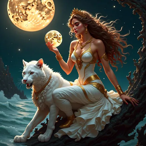 Prompt: <mymodel> a girl who is sitting on the moon and the moon is in the sea and the girl wears a white beautiful dress , her hair is brown and she is so cute