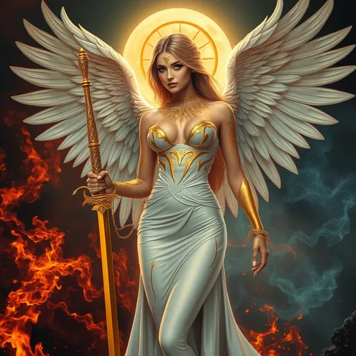 Prompt: a beatiful woman with wings, holding one  holy sword, long tight gown, gold melting, fluid gold over her face, luquid gold tattoos, halo of fire, stunning body, heaven and hell background, fire and moon