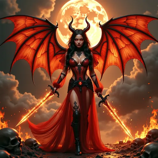 Prompt: A stunning hellish angel,  ((she has an evil grin on her face)), her wings are dragon like and made of fire, intricately detailed, she is wearing a low cut translucent red fire gown, that shows off her thick and fit figure, with details that match her wings, she has 2 very detailed onyx horns, she has full lips, and beautiful bright surreal red eyes, she has long flowing full wavy black hair, her halo is of a bright ethereal fire light, In her hand she has a detailed sword fordged from the fires of hell, she is holding it in a fighting stance, she is standing among what appers to be a cross road of heaven and hell, one side is lake of fire and skulls on the ground, the other is of heavenly cloudds the cresent moon is on fire, over the shoulder shot,