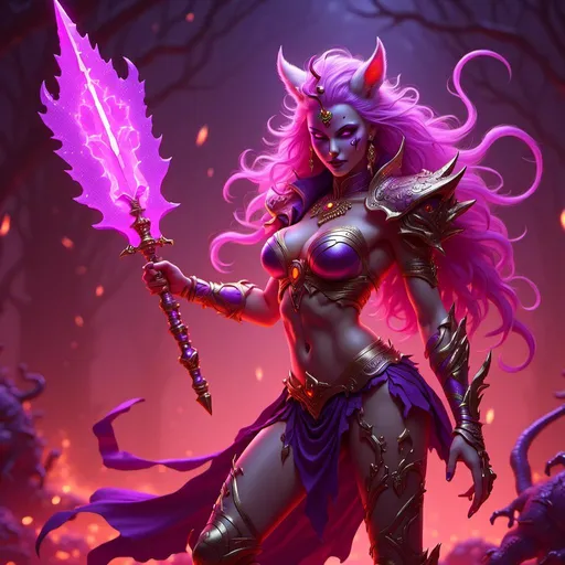 Prompt: <mymodel>  (woman in a vivid purple outfit), (purple magical ghost bull deamon creature with wings floating behind her), (she is holding two magical swords that appear to be made of lightning),