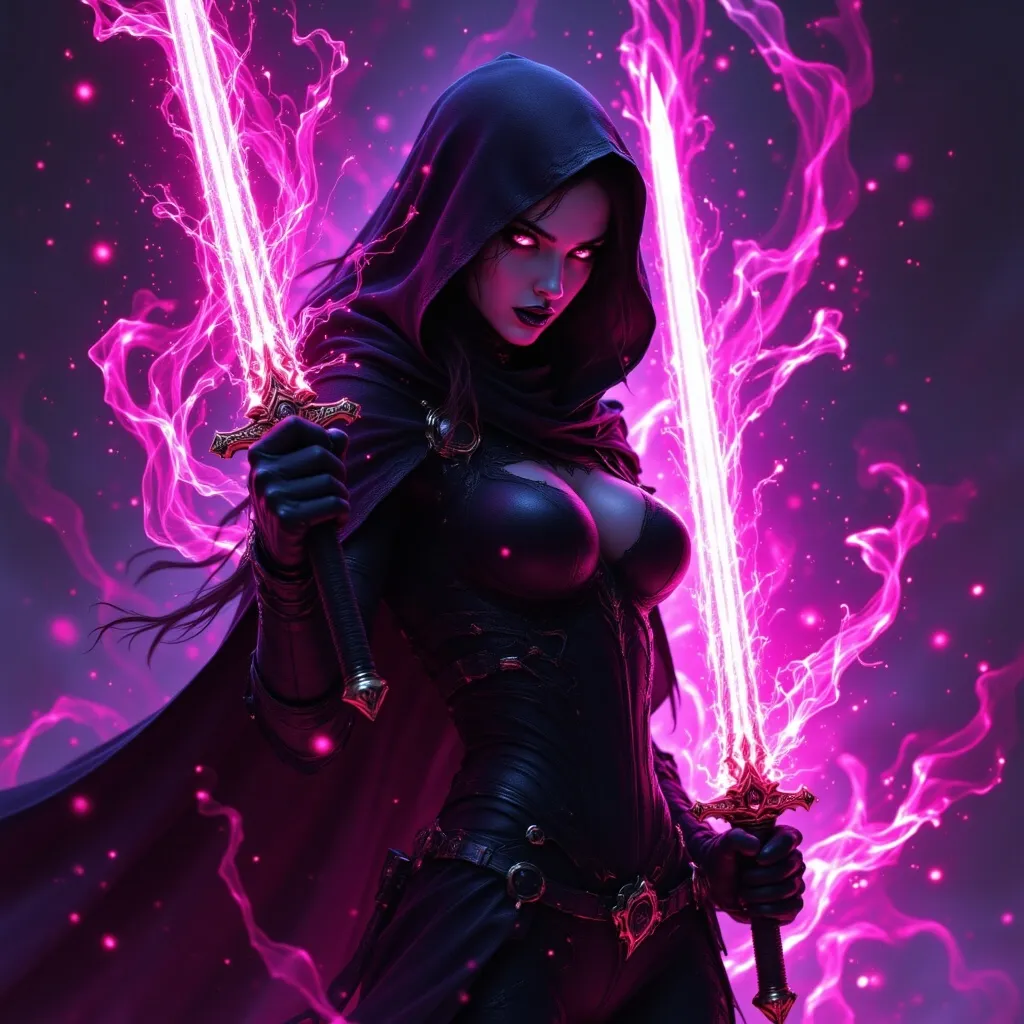 Prompt: a woman with a sword in her hand and a purple background with pink lights around her and a black outfit, Anne Stokes, fantasy art, dark fantasy art, concept art