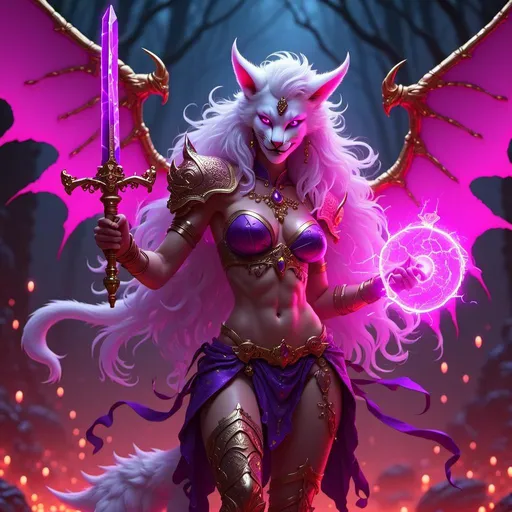 Prompt: <mymodel>  (woman in a vivid purple outfit), (purple magical ghost bull deamon creature with wings floating behind her), (she is holding two magical swords that appear to be made of lightning),