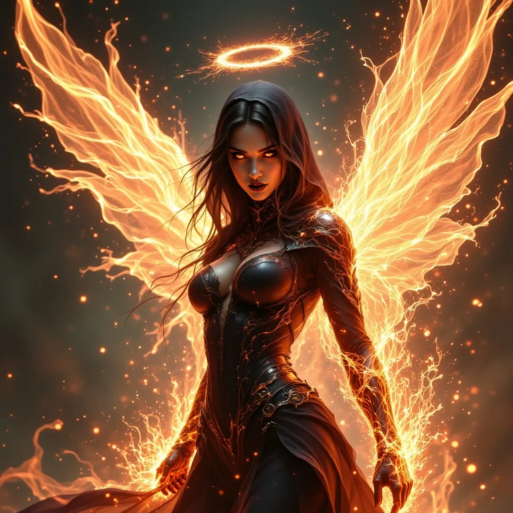 Prompt: (fantasy style), from behind beautiful woman, with((The most striking feature is her pair of large, white wings that extend from her back))), (long tight gown), (fluid gold) melting over her face, (liquid gold tattoos), (halo of fire)