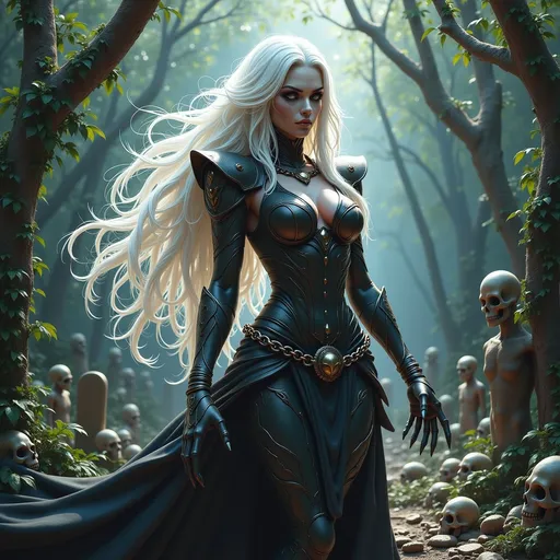 Prompt: breathtaking oil painting, Lady Death, Evil supervillan, very beatiful, (long flowing bright white hair), dark mascara, (metal chain belt, skull buckel), dark forbidding dead forest, surrounds an old forgotten graveyard with broken head stones and lost souls