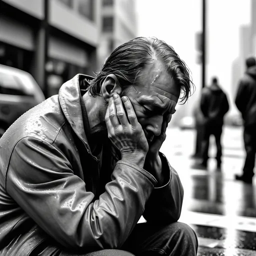 Prompt: a grey and cloudy day,  in downtown seattle, light rain, a man sits on the curb his head in his hands crying. People passing by without stopping, a man in pain., a feeling of being a
HD, hyperrealistic, 8k image, extraordinary detail, immersive visual experience.ll alone, and lost. great sadness. monotone lighting, close up of the man