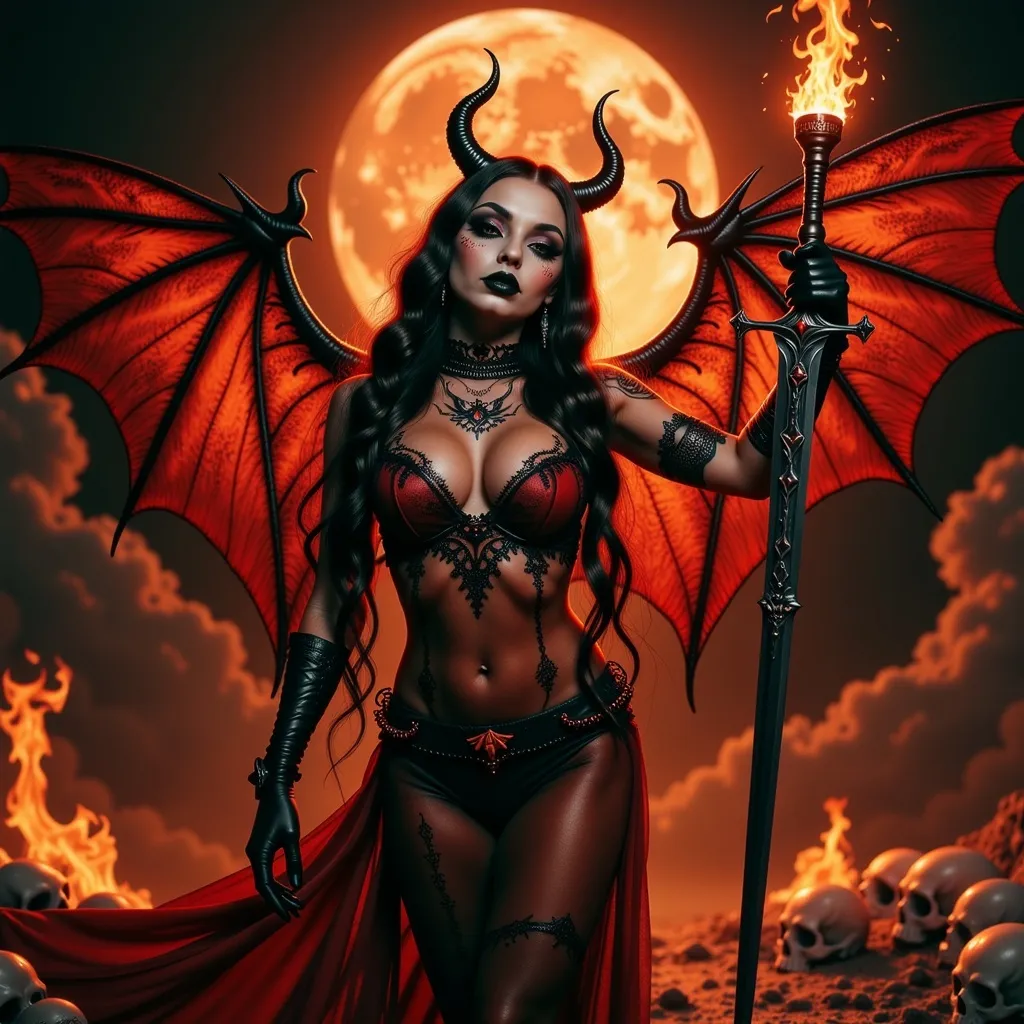 Prompt: A stunning hellish angel,  ((she has an evil grin on her face)), her wings are dragon like and made of fire, intricately detailed, she is wearing a low cut translucent red fire gown, that shows off her thick and fit figure, with details that match her wings, she has 2 very detailed onyx horns, she has full lips, and beautiful bright surreal red eyes, she has long flowing full wavy black hair, her halo is of a bright ethereal fire light, In her hand she has a detailed sword fordged from the fires of hell, she is holding it in a fighting stance, she is standing among what appers to be a cross road of heaven and hell, one side is lake of fire and skulls on the ground, the other is of heavenly cloudds the cresent moon is on fire, over the shoulder shot,