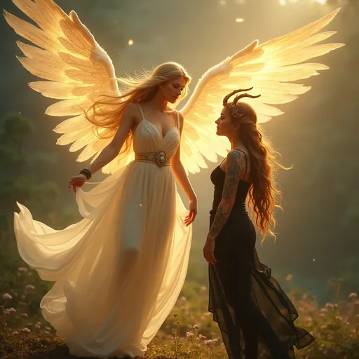 Prompt: In a celestial and ethereal setting, an angel of sublime beauty gracefully floats in the air, her radiant figure has a golden glow. Her wings, are spread, they sparkle with a pure, almost blinding white. Her face, is framed by long golden hair that falls in soft waves. her gaze is fixed with forgiveness and compassion on her counterpart. Her attire, made of light almost transparent fabrics, moves elegantly around her, highlighting her figure. In front of her, stands a ((Succubus)) firmly on the ground. her reddish skin is covered with tattoos, and her fit body exudes an intimidating strength. she is dressed in black goth clothing, From her head emerge two twisted horns, and her eyes, a fiery red, gleam with a mix of fury and longing. Despite her intimidating appearance, the she stares intensely at the angel with a heart-wrenching intensity, as if at that moment, good and evil were on the same side