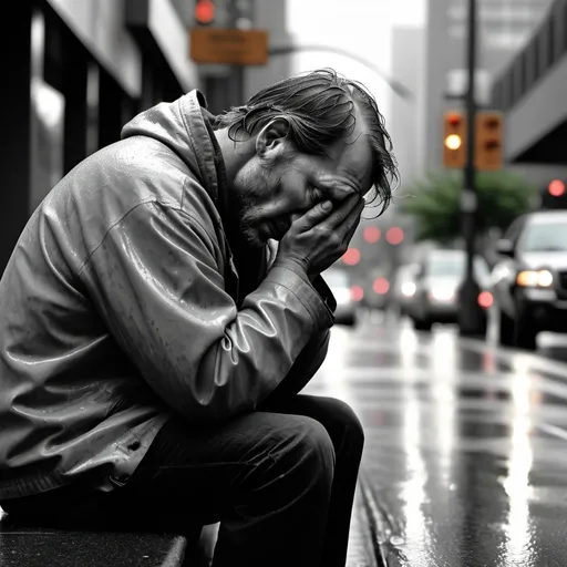 Prompt: a grey and cloudy day,  in downtown seattle, light rain, a man sits on the curb his head in his hands crying. People passing by without stopping, a man in pain., a feeling of being a
HD, hyperrealistic, 8k image, extraordinary detail, immersive visual experience.ll alone, and lost. great sadness. monotone lighting, close up of the man