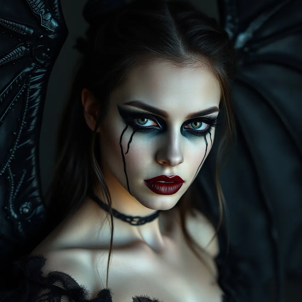 Prompt: scenea high resloution image, avatar of a beautiful dark gothic angle.you can see her glossy black dragon wings behind her, there is black makeup is running down her cheek from her eyes like black tears. she is wearing Dark auburn lipstick on her full lips, the backdrop is of a hellish nightmareish scene, mid shot