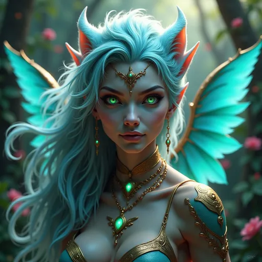 Prompt: Alien woman with beautiful face, green eyes, long flowing hair, vibrant, blue feather wings, ethereal lighting, high-res, digital art, realism, cosmic,